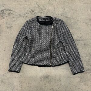 J Crew Tweed Zip Up Moto Jacket Black Fringed Size 8